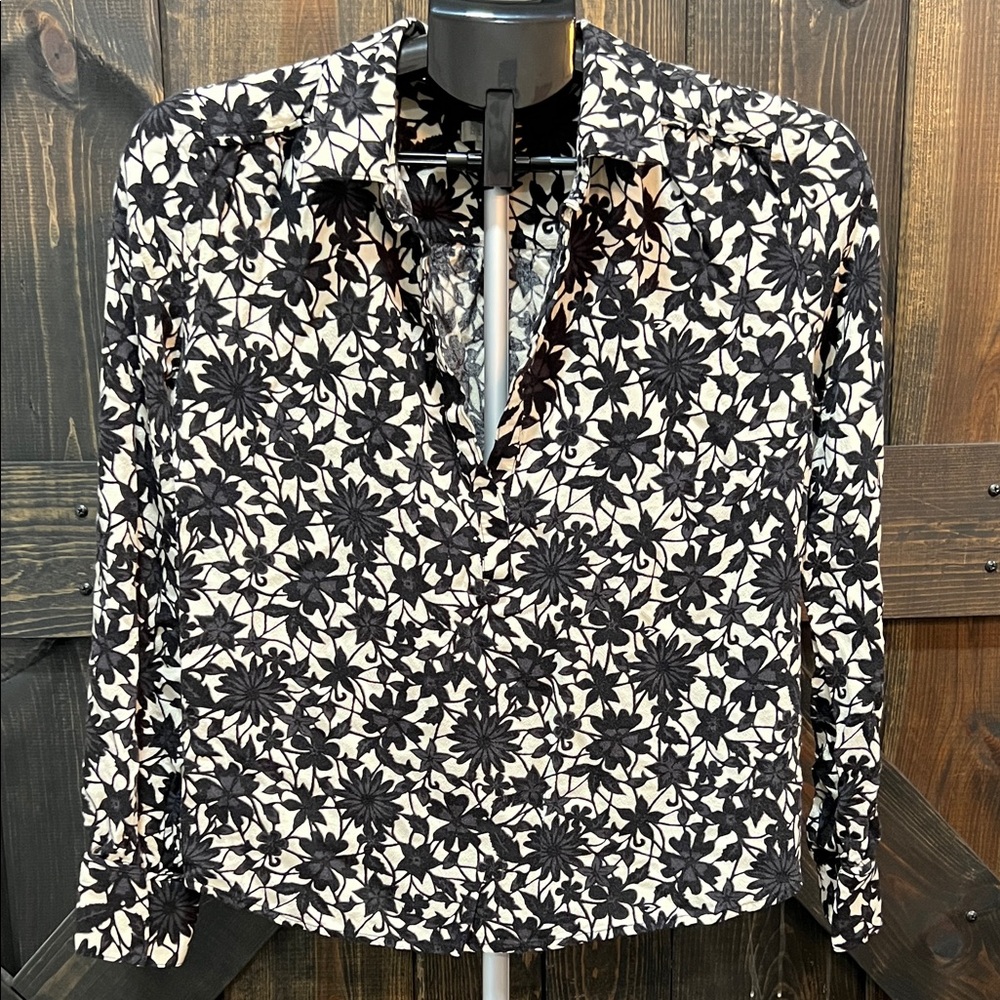 Hinge Floral Viscose Top M Black‎ Beige Boho Split Neck Long Sleeves Dressy Dark